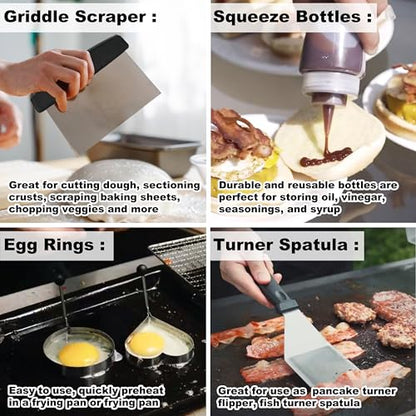 POLIGO 25PCS Flat Top Griddle Accessories Kit - Essential Kit for Indoor and Outdoor Teppanyaki with Griddle Spatula, Chopper, Tongs, Cleaning Brush, Storage Bag - Ideal Griddle Set Gift for Men
