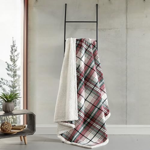 Eddie Bauer - Throw Blanket, Cotton Flannel Home Decor, All Season Reversible Sherpa Bedding (Montlake Plaid Red, Throw)