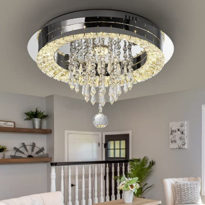 Sunny Hawaii Elegant Bead Crystal Chandelier, 16in Modern Led Indoor Ceiling Lamp, Flush Mount Ceiling Light Fixture for Kitchen Bathroom Bedroom Dining Room.
