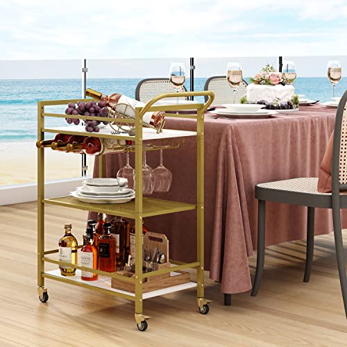 Tajsoon 3-Tier Bar Cart, Mobile Bar Serving Cart, Industrial Style Wine Cart for Kitchen, Beverage Cart with Wine Rack and Glass Holder, Rolling Drink Trolley for Living Room, Gold & White
