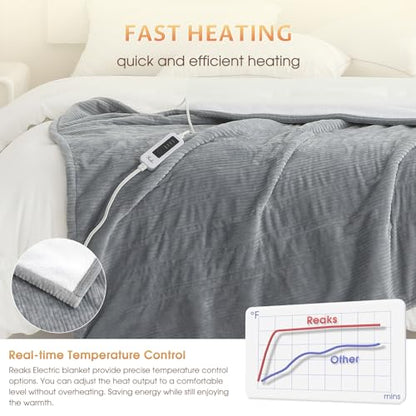 Reaks Heated Electric Blanket Throw - 50" x 60" Heating Blanket with 4 Fast Heating Levels & 3 Hours Auto Off, Soft Warm Flannel Sherpa Blankets for Home Office, ETL&FCC Certification, Light Grey