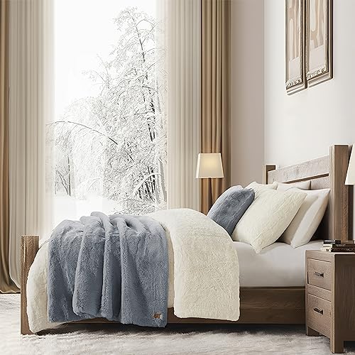 UGG 11069 Euphoria Plush Faux Fur Reversible Throw Cozy Fuzzy Fluffy Blanket for Couch Bed Hotel Style Luxury Machine Washable Home Decor Luxurious Soft Throws for Sofa, 70 x 50-inch, Chambray