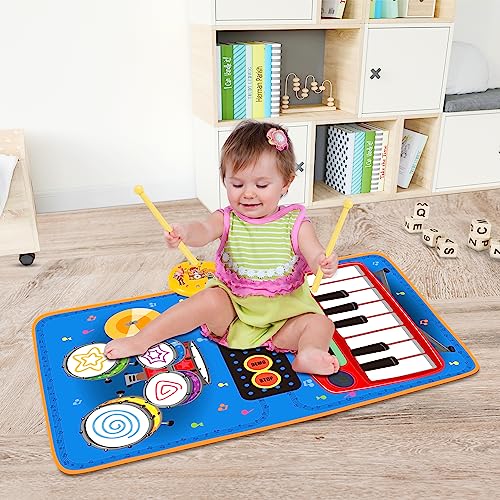 PECMPO Baby 2 in 1 Musical Mats-Piano Keyboard & Drum for Toddlers-Early Education Portable Touch Musical Play mat-Learning Toys Gifts for 1 2 3 4 5+ Ages Baby Girls Boys Toddler
