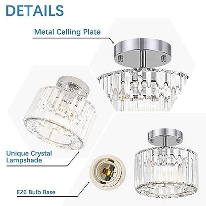 Ledshaoyue Modern Chandelier Crystal Ceiling Light Fixture, Small Semi Flush Mount Ceiling Light, Modern Hallway Light Fixtures Close to Ceiling Light for Entryway Kitchen Bathroom Porch