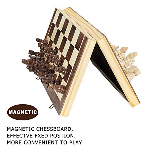 AMEROUS 15 Inches Magnetic Wooden Chess Set - 2 Extra Queens - Folding Board, Handmade Portable Travel Chess Board Game Sets with Game Pieces Storage Slots - Beginner Chess Set for Kids, Adults