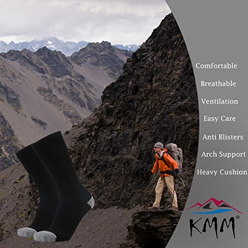 KMM Men's Cotton Full Thick Cushion Crew Socks Moisture Control Heavy Duty Work Western Boot Warm Thermal Anti Sweat Blisters(Black L)