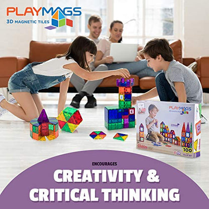 Playmags 100-Piece Magnetic Tiles Building Blocks Set, 3D Magnet Tiles for Kids Boys Girls, Educational STEM Toys for Toddlers…