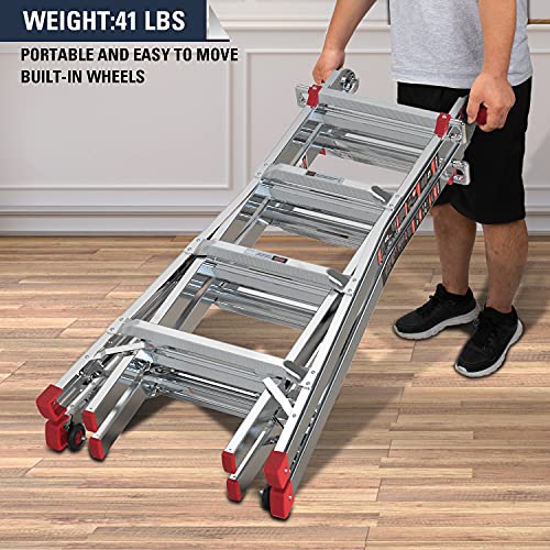 Stealth Multifunction Telescoping Ladder, Aluminum Extension Ladder with 2 Flexible Wheels, Step Ladder for Working Indoor/Outdoor EM4X4L1