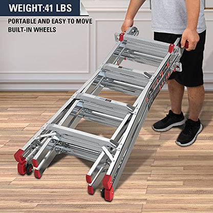 Stealth Multifunction Telescoping Ladder, Aluminum Extension Ladder with 2 Flexible Wheels, Step Ladder for Working Indoor/Outdoor EM4X4L1