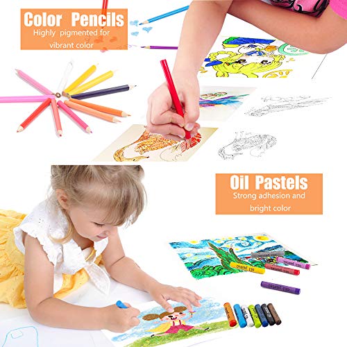 KINSPORY Art Supplies, 228 Pack Art Sets Crafts Drawing Coloring kit, Double-Side Trifold Easel, Oil Pastels, Crayons, Colored Pencils, Creative Gift for Beginners Artists Girls Boys Kids (Black)