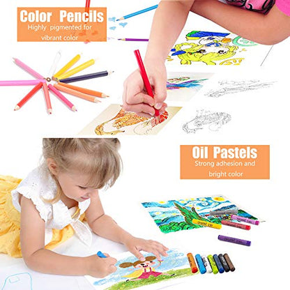 KINSPORY Art Supplies, 228 Pack Art Sets Crafts Drawing Coloring kit, Double-Side Trifold Easel, Oil Pastels, Crayons, Colored Pencils, Creative Gift for Beginners Artists Girls Boys Kids (Black)