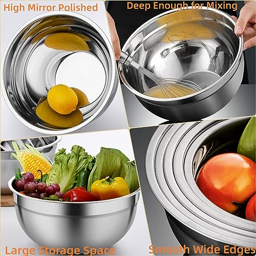 Mixing Bowls with Airtight Lids, 23PCS Large Stainless Steel Mixing Bowl Set & 400ML Measuring Cups & Baking Tools, Kitchen Utensils Metal Nesting Bowl 7/6/4.5/3.5/2.5QT for Prepping Cooking Serving