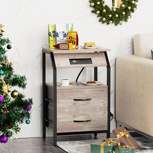 SZLHANJZ Storage End Table, Charging Nightstand with 2 Drawers, Small Fabric Dresser for Bedside, Wood and Metal Side Table for Bedroom, Living Room, Dorm, Grey Oak