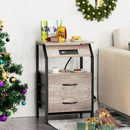 SZLHANJZ Storage End Table, Charging Nightstand with 2 Drawers, Small Fabric Dresser for Bedside, Wood and Metal Side Table for Bedroom, Living Room, Dorm, Grey Oak