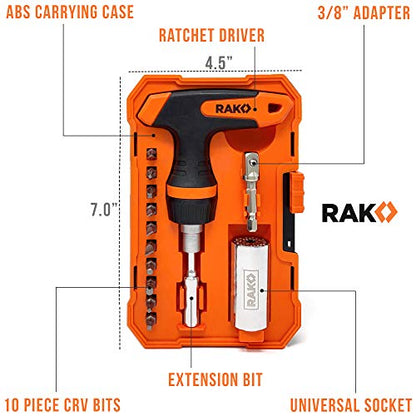 RAK Universal Socket Tool - Christmas Gifts for Men - Set of 15 with 1/4-to-3/4-inch Wrench Grip, T-Handle Ratchet Driver and 10 Screwdriver Bits - Stocking Stuffer Gifts for men, Husband, Handyman