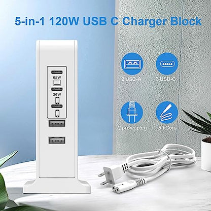 USB C Charger Block, 120W GaN Fast Charging Station for Multiple Devices, USB Charger Block with 65W USB C Laptop Charger, USB C Charging Hub Compatible for MacBook Pro Air, iPhone, iPad, Samsung