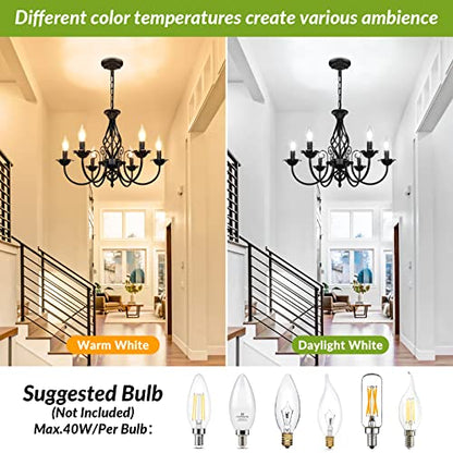 6-Light Farmhouse Candle Chandelier for Living Room, Rustic Industrial Pendant Ceiling Light fixture, Vintage Ceiling Hanging Lamp for Bedroom Hallway Kitchen Dining Room Foyer, Matte Black E12 Socket
