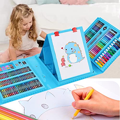 DLUCKY 208 PCS Art Supplies, Drawing Art Kit for Kids Adults Art Set with Double Sided Trifold Easel, Oil Pastels, Crayons, Colored Pencils, Watercolor Pens Gift for Girls Boys Artist,Blue