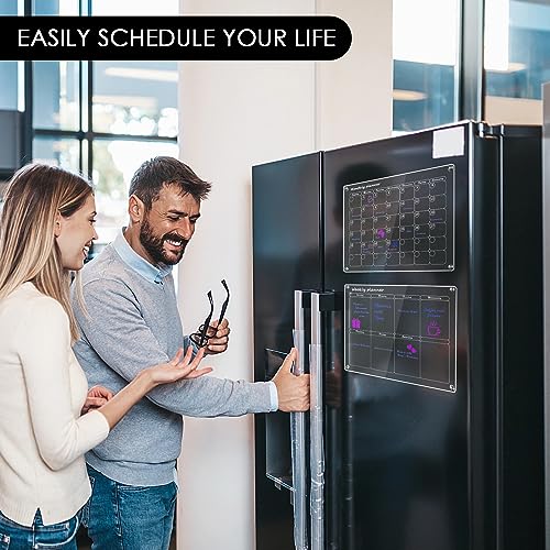 Acrylic Magnetic Calendar for Fridge Monthly & Weekly Dry Erase Board Magnetic Fridge Calendar, 2 Set Clear Reusable Planner Whiteboard Calendar 16"x12" with 6 Markers/Pen Holder/Eraser/Towel/Hook