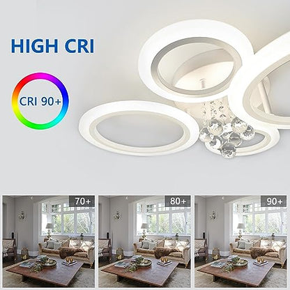 Modern Flush Mount Ceiling Light Fixture 4 Rings Crystal Chandeliers LED Ceiling Lights Dimmable Kitchen Light Fixtures White Bedroom Ceiling Lights for Living Room Hallway Entrance Office 25.8 Inch