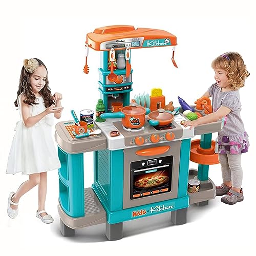 Toddler Play Kitchen- Kitchen Playset Pretend Food - Toy Accessories Set w/Real Sounds & Light, Play Sink, Cooking Stove with Steam, Toddlers Kids 34 inch, Girls & Boys 3+ Years