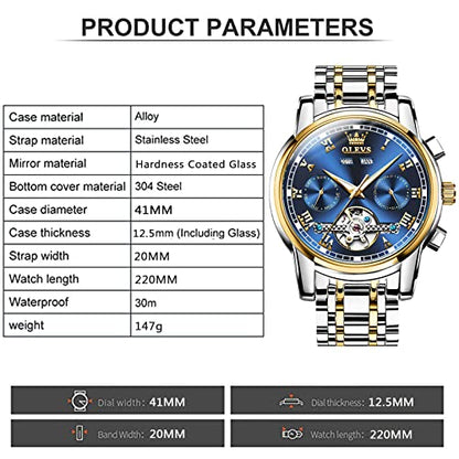 Mens Watches OLEVS Watch Men Automatic Watches for Men Tourbillon Self Winding Skeleton Watch for Men,Men's Wrist Watches Luxury Dress Waterproof Mens Watch Blue Dial Mechanical Watch Day Date,reloj para hombre