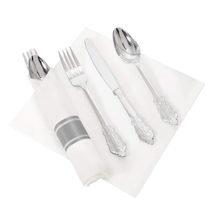 Liacere 30 Pack Silver Plastic Silverware Set with Pre Rolled Napkins - Heavy Duty Disposable Silver Plastic Utensils - Include 90PCS Silver Plastic Cutlery, 30Napkins for Wedding & Party