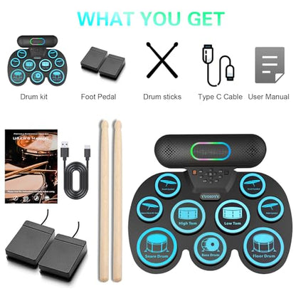 Electronic Drum Set - YUOIOYU Electric Drum Set Potable Drum Kit MIDI Practice Drum Pad with Dual Built-in Speaker, Drum Sticks and Pedals,Christmas Birthday Gift for Kids Adult