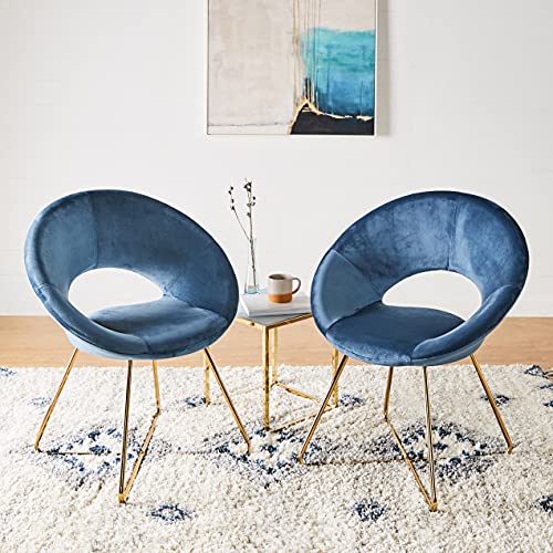 CangLong Modern Velvet Accent Upholstered Make-up Stool Home Office Guest Reception Dining Leisure Lounge Chairs with Golden Legs Set of 2, Blue 1