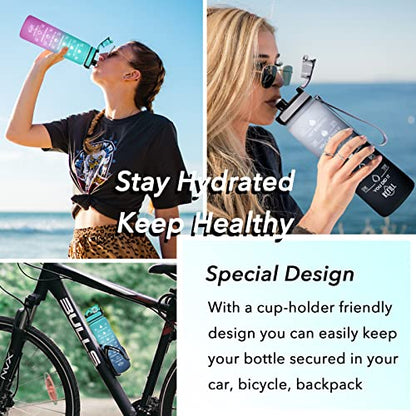 Enerbone 32 oz Water Bottle, Leakproof BPA & Toxic Free, Motivational Water Bottle with Times to Drink and Straw, Fitness Sports Water Bottle with Strap for Office, Gym, Outdoor Sports, Gray-Black