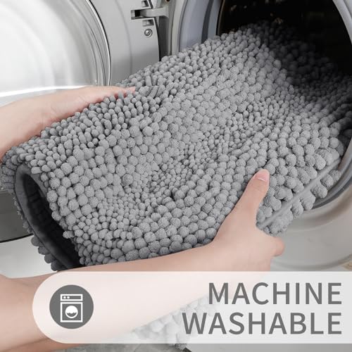 Yimobra Luxury Chenille Bathroom Rugs Sets 2 Piece, Extra Thick Non Slip Quick Dry Bath Mat for Shower Floor, Fluffy Shaggy Microfiber Absorbent Machine Washable Bathmat (Grey, 20" x 32"+17" x 24")