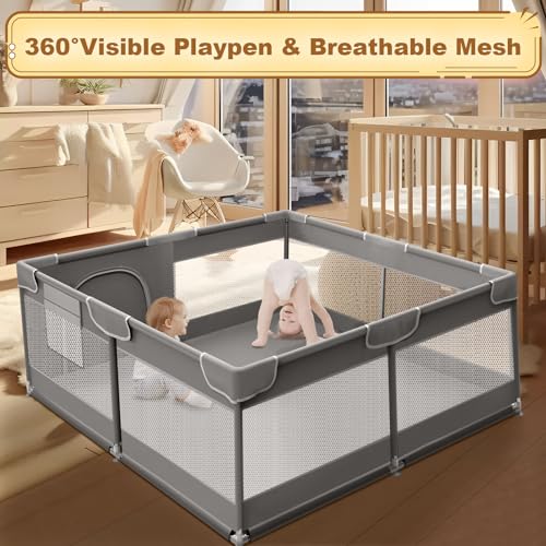 XVISHX Baby Playpen 50 x 50 Inch Play Pen Playards, Playpen for Babies and Toddlers, Baby Playard for Indoor & Outdoor Active Center Game Fence, with Skin-Friendly Fabric and Soft Breathable Mesh Grey