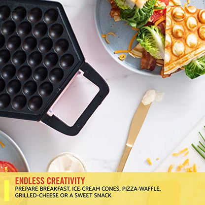 BELLA Bubble Waffle Maker for Hong Kong Style Breakfast Dessert 9" Waffles, Non-stick Iron Plates for Easy Cleaning and Food Release, Cone Rack Included, Pink