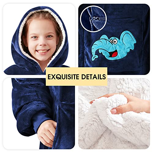 yescool Wearable Blanket Hoodie for Kids - Oversized Sherpa Blanket Sweatshirt Kids with Pocket - Gifts for Kids Girls Boys - Portable Warm Travel Pillow - Teen Wearable Blankets - Blue Elephant