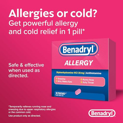 Benadryl Ultratabs Go Packs, Antihistamine Allergy Medicine Tablets with Diphenhydramine HCl, Convenient for Travel & On-The-Go Cold & Allergy Relief, 60 Packets of 2 Tablets