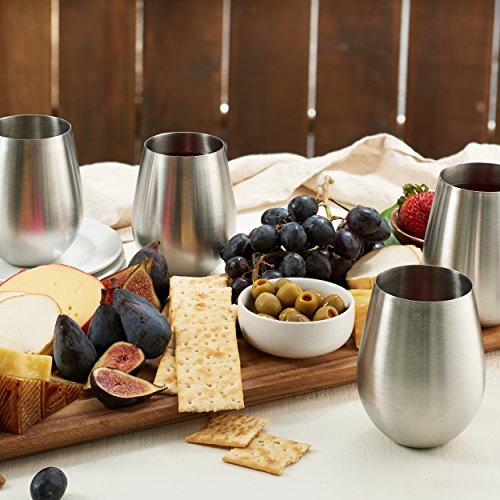 Stainless Steel Unbreakable Wine Glasses - 18 Ounce Set of 4 Wineglasses. Premium-Grade 18/8 Stainless Steel Red & White Stemless Wineglasses set, Portable Wine Tumbler, for Outdoor Events, Picnics