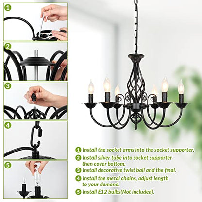 6-Light Farmhouse Candle Chandelier for Living Room, Rustic Industrial Pendant Ceiling Light fixture, Vintage Ceiling Hanging Lamp for Bedroom Hallway Kitchen Dining Room Foyer, Matte Black E12 Socket