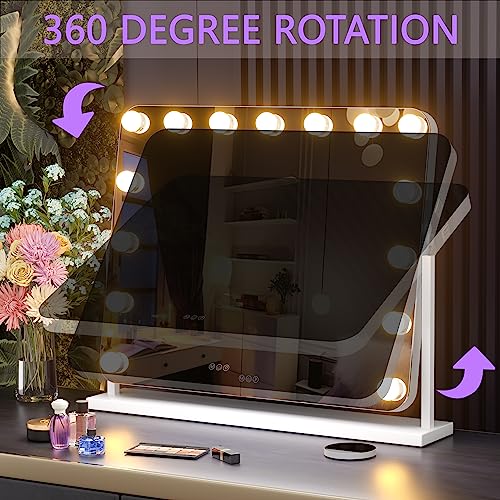 Hasipu Vanity Mirror with Lights, 22" x 18" Hollywood Lighted Makeup Mirror with 15 Dimmable Bulbs, 10X Magnification and USB Charging Port, Smart Touch 3 Colors Dimmable, 360° Rotation (Round)