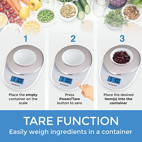 Pohl Schmitt Digital Food Kitchen Scale, Batteries Included, Multifunctional Weight Measuring Device in Grams/Ounces, Auto Shut-Off, Stainless Steel, Silver