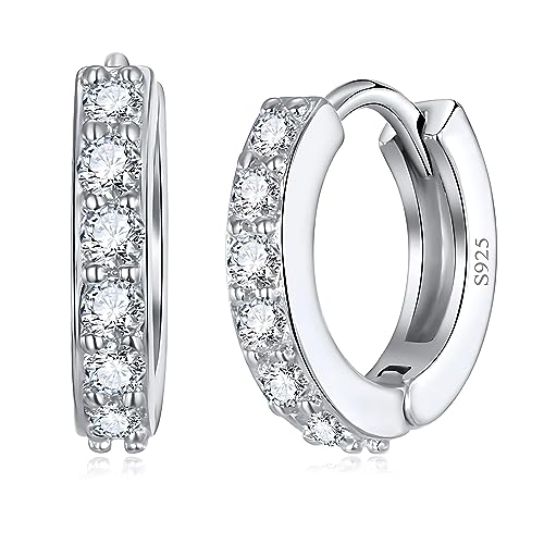 Silver Huggie Hoop Earrings, 925 Sterling Silver 14K Gold Plated Cubic Zirconia Cuff Earrings for Women Girls, Sparkle Hypoallergenic 13mm Small Cartilage Piercing Stud- Silver