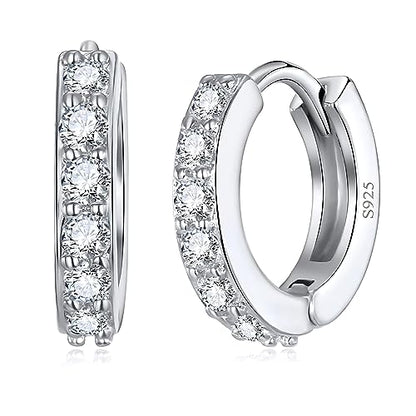 Silver Huggie Hoop Earrings, 925 Sterling Silver 14K Gold Plated Cubic Zirconia Cuff Earrings for Women Girls, Sparkle Hypoallergenic 13mm Small Cartilage Piercing Stud- Silver