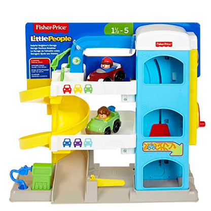 Fisher-Price Little People Toddler Toy Helpful Neighbor's Garage Playset with Spiral Ramp and 2 Wheelies Cars for Ages 18+ Months
