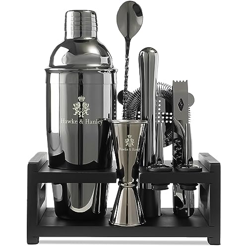Hawke & Hanley Mixology Bartender Kit: Cocktail Shaker Bar Set with a Martini Shaker, Bar Tools and Black Bamboo Stand | Bartending Kit with Recipe Book | Unique Housewarming Gift (Black)