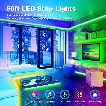 FONEWE LED Lights for Bedroom 50FT Music Sync LED Light Strips Color Changing LED Strip Lights with APP Control