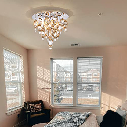 QQHOO Crystal Chandelier Lighting Fixture 4-Lights,G9 Close Flush Mount Ceiling Light for Bedroom Bathroom Kitche Island. (Copper)