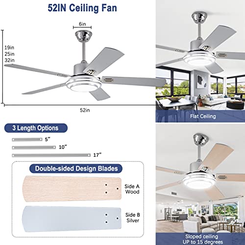 UOJ 52” Ceiling Fans with Lights and Remote Control,Modern Indoor Outdoor Ceiling Fan with 5 Double-sided Wood Blade for Patio,Farmhouse,LivingRoom,Bedroom,Office(silver)