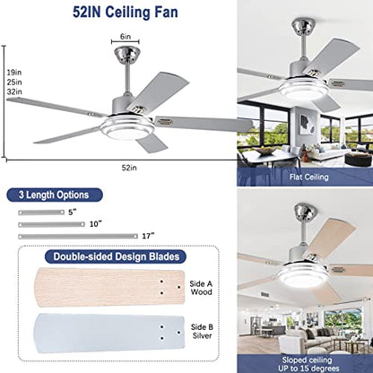 UOJ 52” Ceiling Fans with Lights and Remote Control,Modern Indoor Outdoor Ceiling Fan with 5 Double-sided Wood Blade for Patio,Farmhouse,LivingRoom,Bedroom,Office(silver)