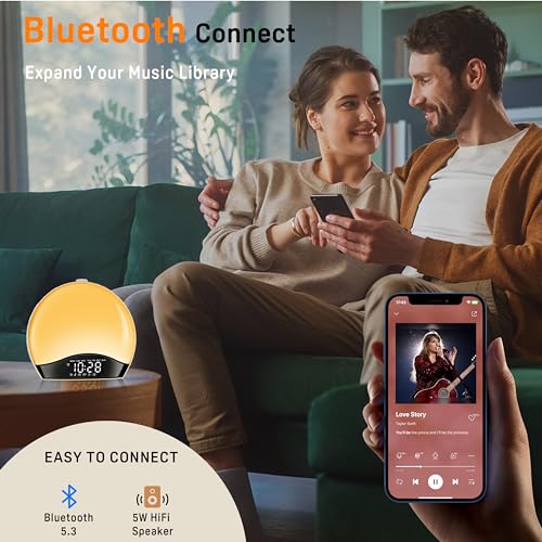 Wake Up Light Sunrise Alarm Clock for Kids, Heavy Sleepers, Bedroom, Bluetooth Speaker Sound Machine with 22 Natural Sounds, White Noise, Dual Alarms, FM Radio, 17 Color Night Lights, Ideal for Gift