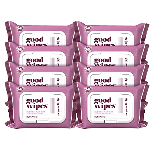 Goodwipes Flushable Wipes Made w/Soothing Botanicals & Aloe – Soft & Gentle Wet Wipe Dispenser for Home Use, Septic & Sewer Safe – Largest Adult Toilet Wipes – Rosewater, 480 count (8 packs)