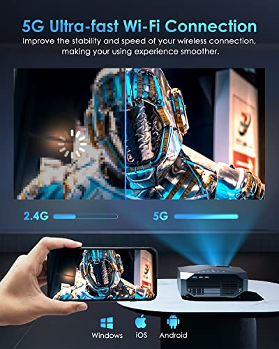 YOWHICK Projector with 5G WiFi and Bluetooth, Native 1080P Outdoor Portable Video Projector Support 4K, Home Theater Movie Projector Compatible with HDMI, USB, Laptop, iOS & Android Phone
